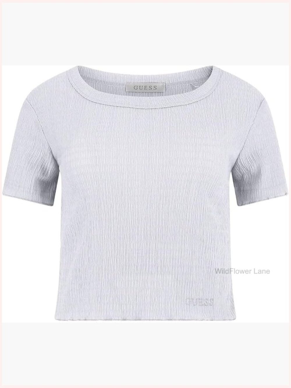 Short Sleeve Crew Neck Smocked Crop Top with Rhinestone Logo